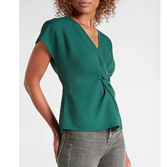 Express Twist Front Short Sleeve V-Neck in Emerald Green - Picture 1 of 9